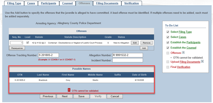 Displays the Possible Names section of the Offenses tab